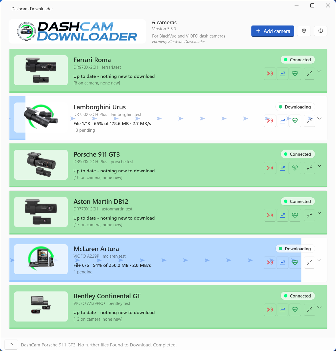 Every camera at a glance - green while downloading