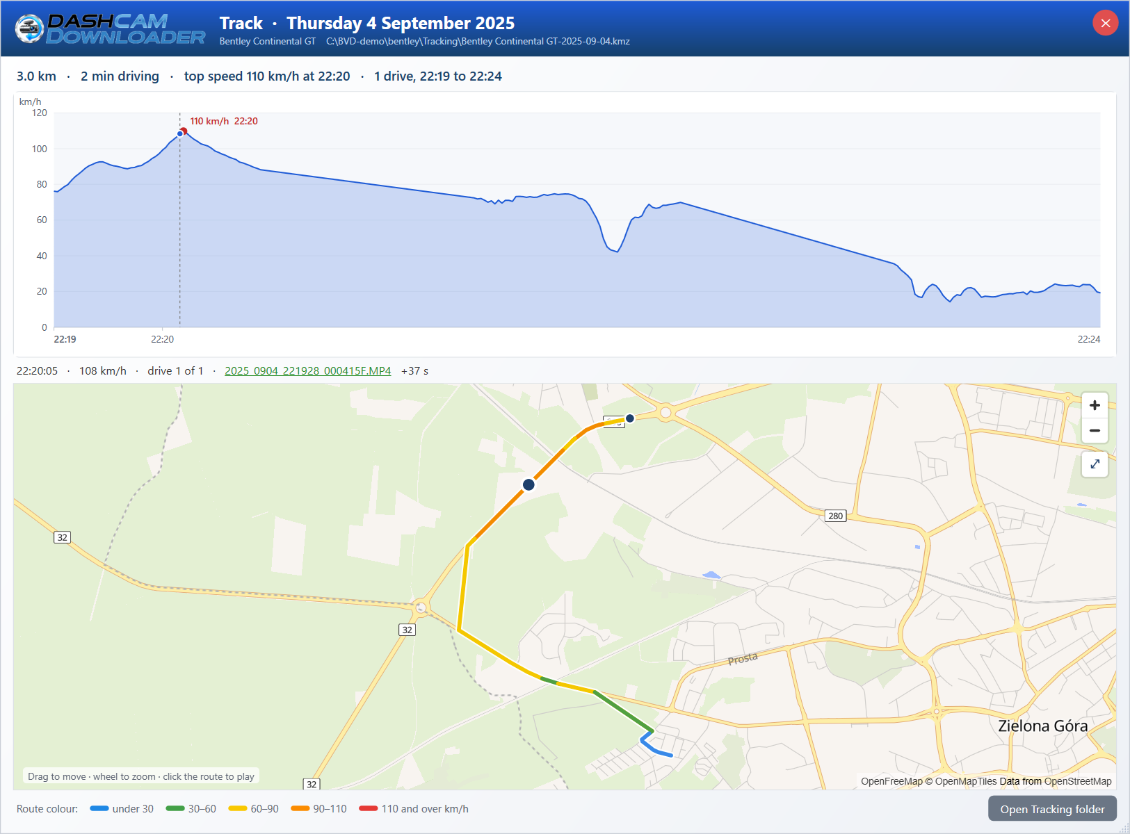 Track window - speed graph and street map