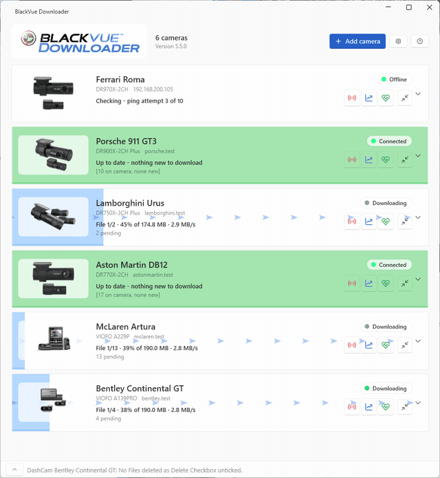 BlackVue Downloader - six cameras, BlackVue and VIOFO, each on its own card