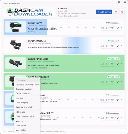 Dashcam Downloader - six cameras, BlackVue and VIOFO, each on its own card